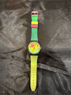Swatch Multicolor Watch in Green, Yellow & Pink